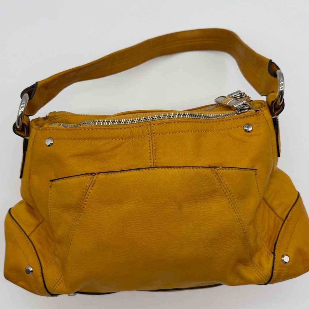 B. Makowsky Yellow Pebbled Leather Shoulder Bag Hinge Lock Hobo Purse - Picture 4 of 10